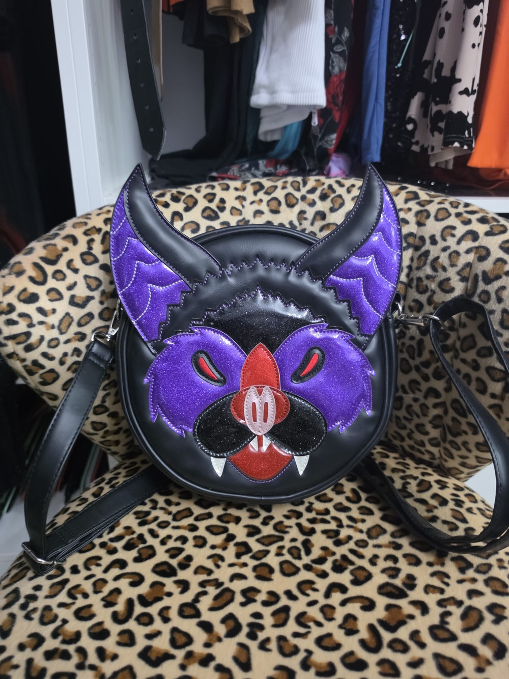 Black & Purple Bat Face Crossbody Bag